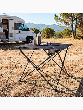 Pack 2 cadeiras de camping listradas de 48x47x82 cm e mesa dobrável de 61x50x51 cm