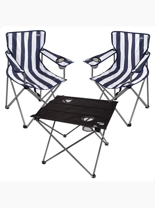 Pack 2 cadeiras de camping listradas de 48x47x82 cm e mesa dobrável de 61x50x51 cm - Kiabi