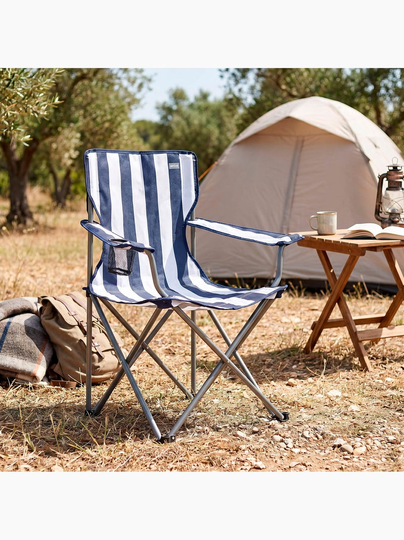 Pack 2 cadeiras de camping listradas de 48x47x82 cm e mesa dobrável de 61x50x51 cm Azul Branco - Kiabi