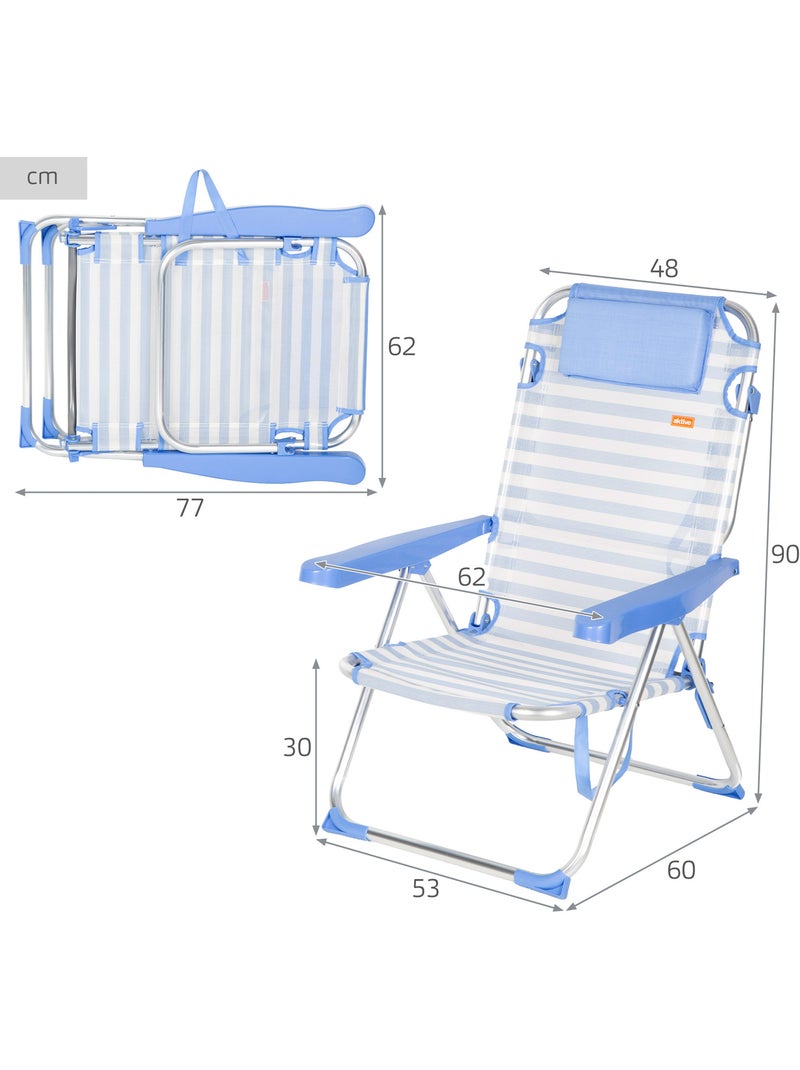 Pack 2 cadeiras de praia altas com múltiplas posições, 48x60x90 cm, listradas Azul Branco - Kiabi