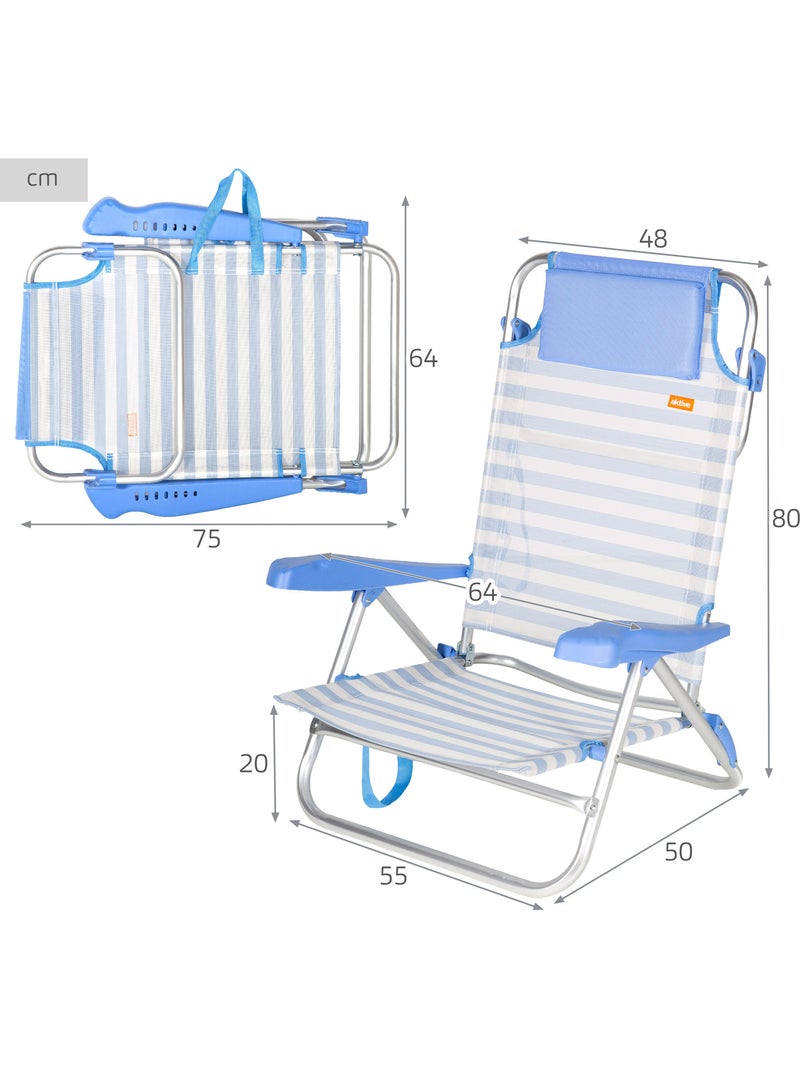 Pack 2 cadeiras de praia baixas com múltiplas posições, 48x50x80 cm, listradas Azul Branco - Kiabi