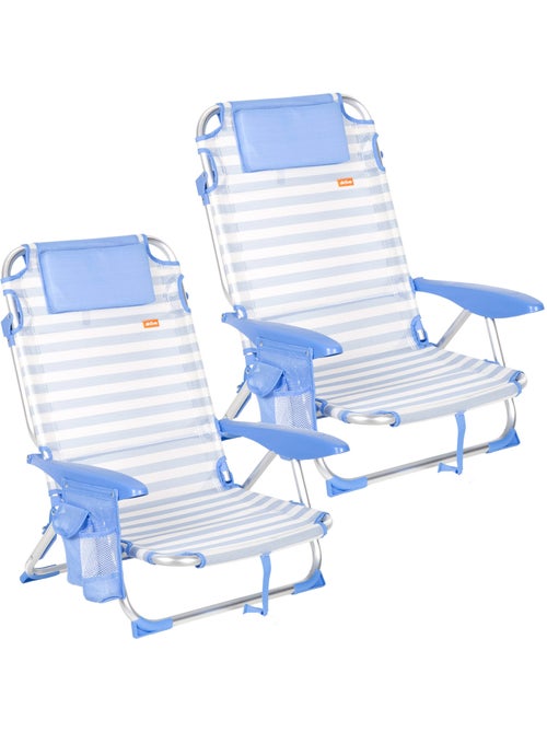 Pack 2 cadeiras de praia baixas com múltiplas posições, 51x45x76 cm, listradas e com bolsos - Kiabi Pack 2 cadeiras de praia baixas com múltiplas posições, 51x45x76 cm, listradas e com bolsos - Kiabi
