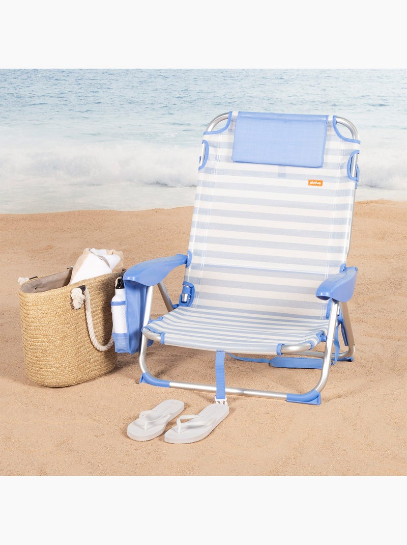 Pack 2 cadeiras de praia baixas com múltiplas posições, 51x45x76 cm, listradas e com bolsos Azul Branco - Kiabi
