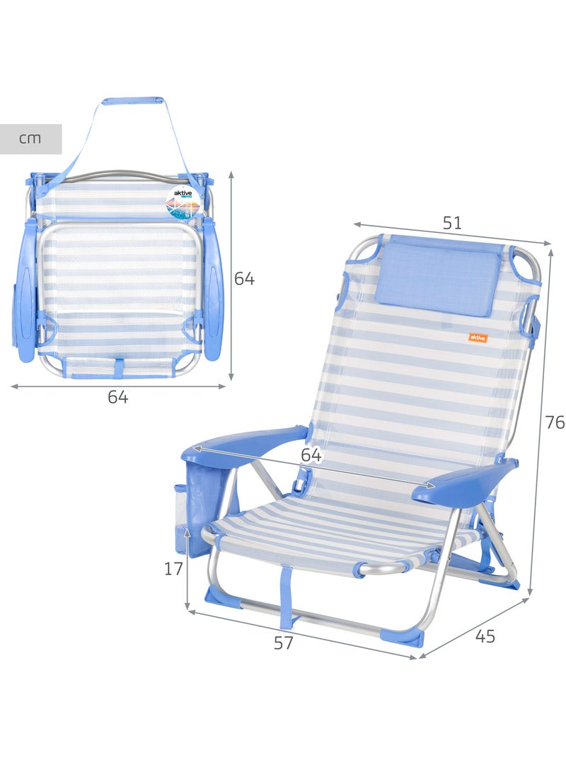 Pack 2 cadeiras de praia baixas com múltiplas posições, 51x45x76 cm, listradas e com bolsos Azul Branco - Kiabi