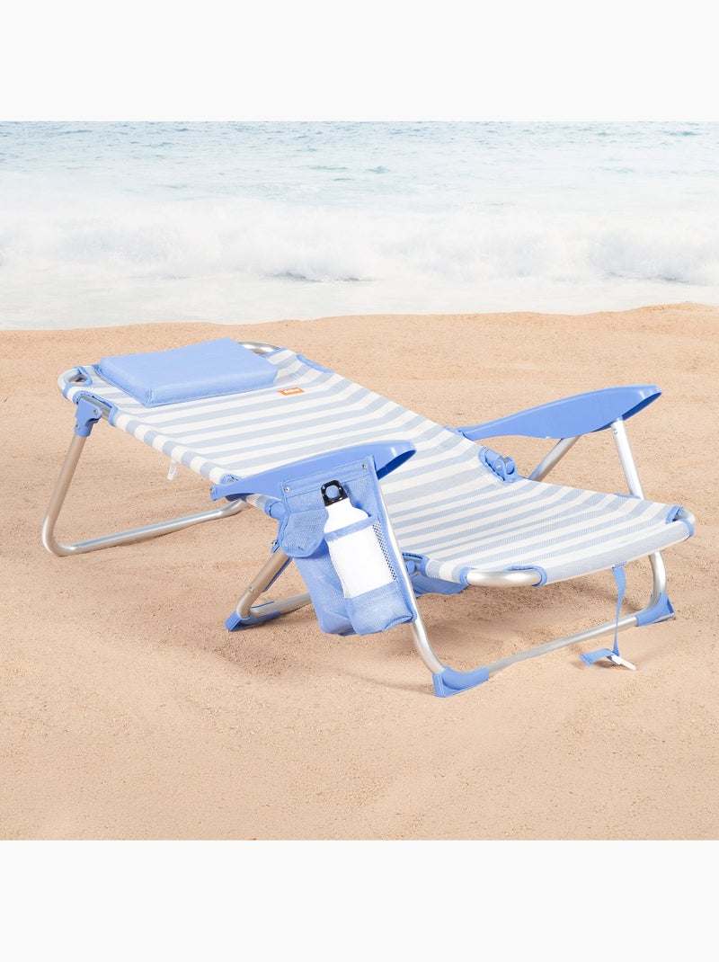 Pack 2 cadeiras de praia baixas com múltiplas posições, 51x45x76 cm, listradas e com bolsos Azul Branco - Kiabi