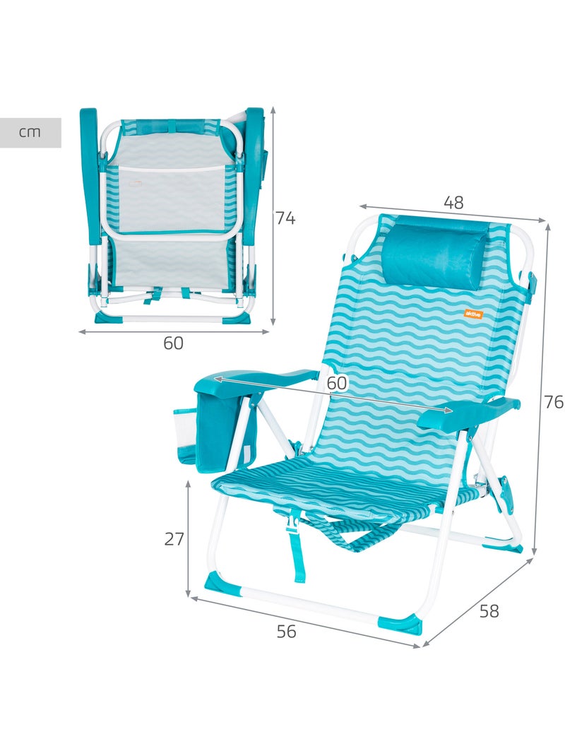 Pack 2 cadeiras de praia médias com múltiplas posições, 48x58x76 cm, cor turquesa ondas Turquesa - Kiabi