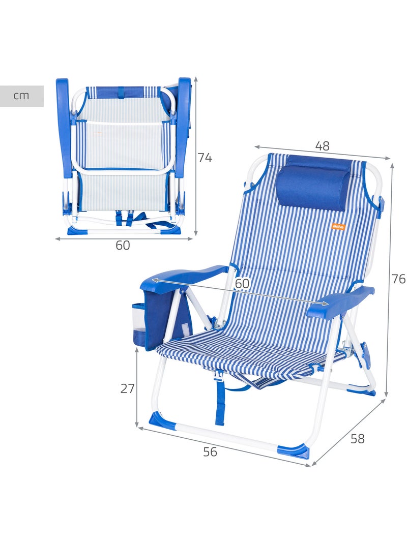 Pack 2 cadeiras de praia médias multiposições 48x58x76 cm com listras náuticas Azul Branco - Kiabi
