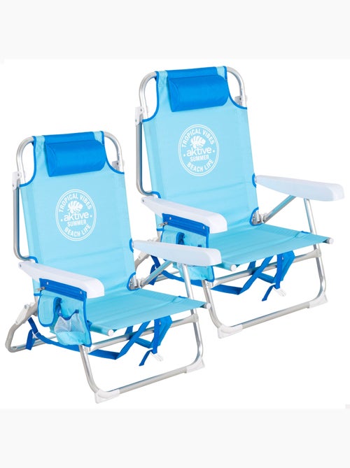 Pack 2 cadeiras de praia médias multiposições 50x54x80 cm azuis com bolsos - Kiabi Pack 2 cadeiras de praia médias multiposições 50x54x80 cm azuis com bolsos - Kiabi