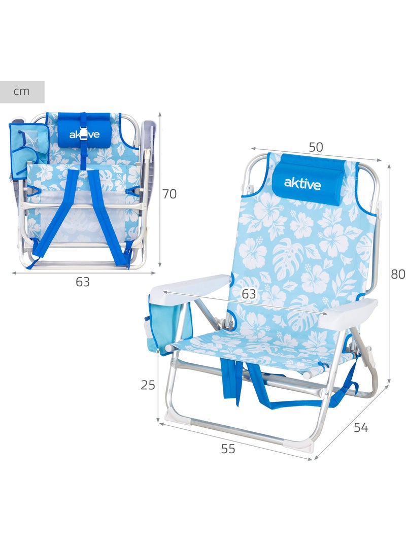 Pack 2 cadeiras de praia médias multiposições 50x54x80 cm com flores e bolsos Azul - Kiabi