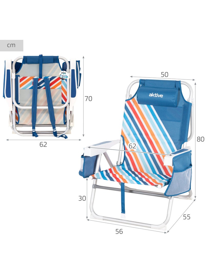Pack 2 cadeiras de praia médias multiposições 50x55x80 cm multicoloridas com bolsos Multicolorido - Kiabi