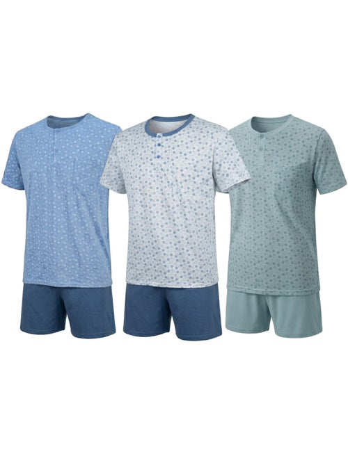 Pack 3 Pijamas Curtos Homem Algodão Maioritário, Gola Botão - Kiabi