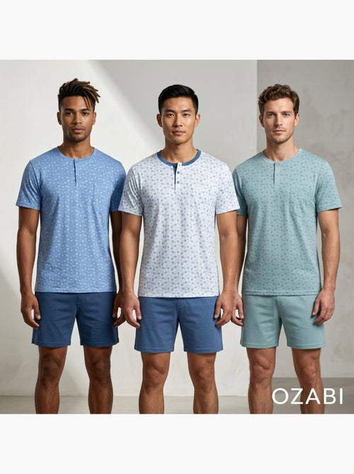 Pack 3 Pijamas Curtos Homem Algodão Maioritário, Gola Botão - Kiabi