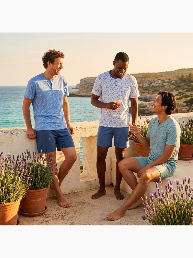 Pack 3 Pijamas Curtos Homem Algodão Maioritário, Gola Botão Azul-cinza - Kiabi