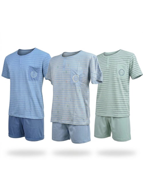 Pack 3 Pijamas Curtos Homem Algodão Maioritário, Gola Botão - Kiabi