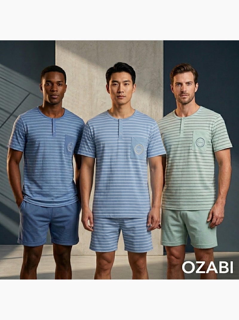 Pack 3 Pijamas Curtos Homem Algodão Maioritário, Gola Botão Azul Verde - Kiabi