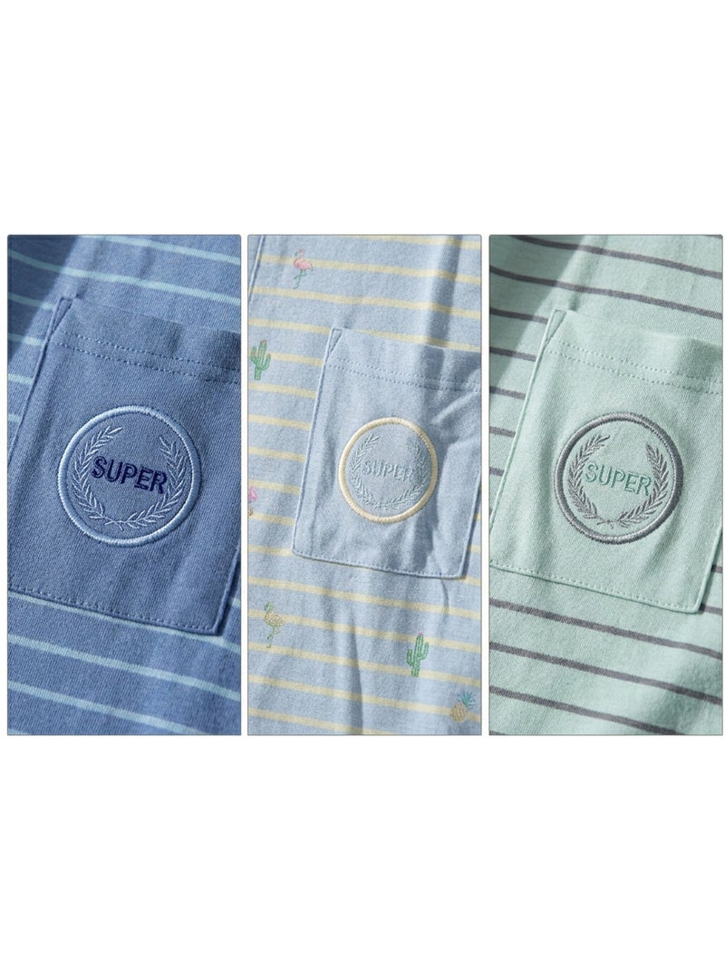 Pack 3 Pijamas Curtos Homem Algodão Maioritário, Gola Botão Azul Verde - Kiabi