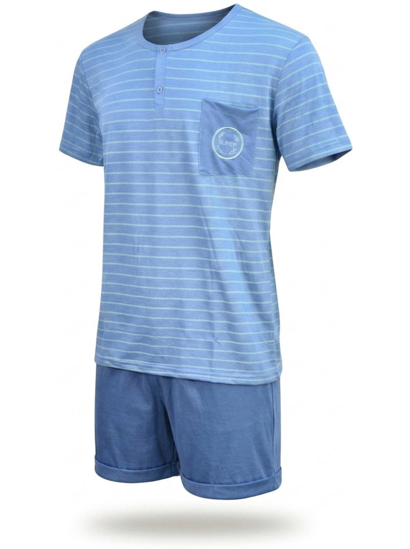 Pack 3 Pijamas Curtos Homem Algodão Maioritário, Gola Botão Azul Verde - Kiabi