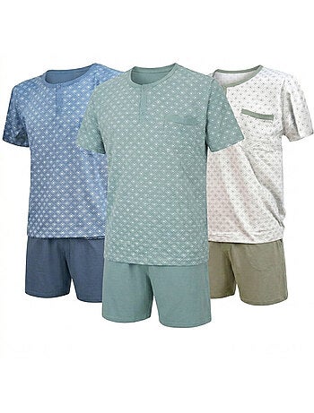 Pack 3 Pijamas Curtos Homem Algodão Maioritário, Gola Botão