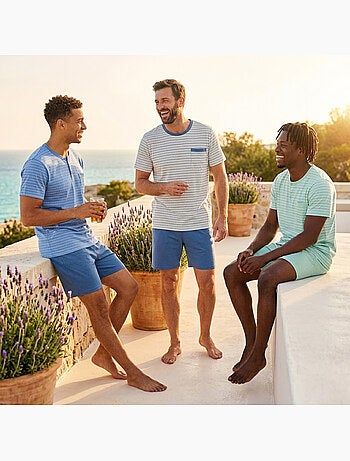 Pack 3 Pijamas Curtos Homem Algodão Maioritário, Gola Botão