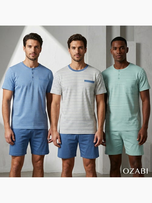 Pack 3 Pijamas Curtos Homem Algodão Maioritário, Gola Botão - Kiabi