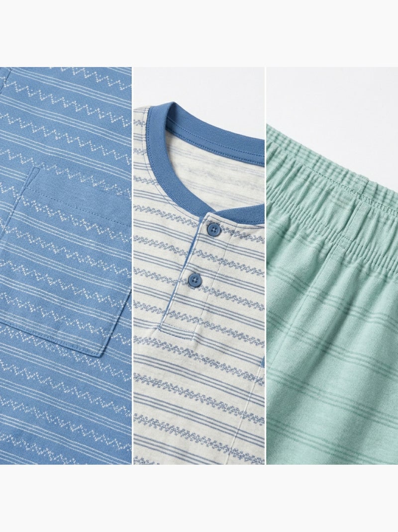 Pack 3 Pijamas Curtos Homem Algodão Maioritário, Gola Botão Branco Azul - Kiabi