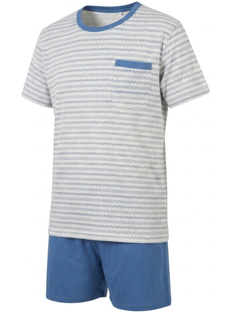 Pack 3 Pijamas Curtos Homem Algodão Maioritário, Gola Botão Branco Azul - Kiabi