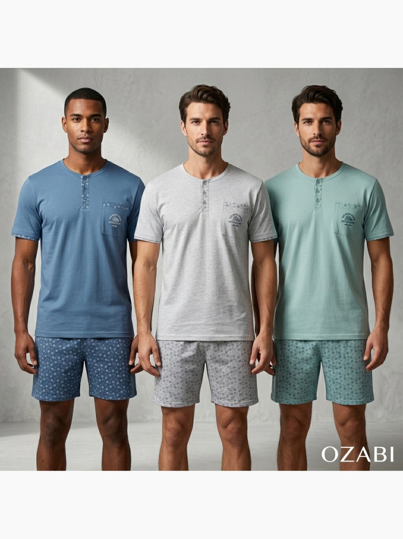 Pack 3 Pijamas Curtos Homem Algodão Maioritário, Gola Botão Cinza-verde - Kiabi