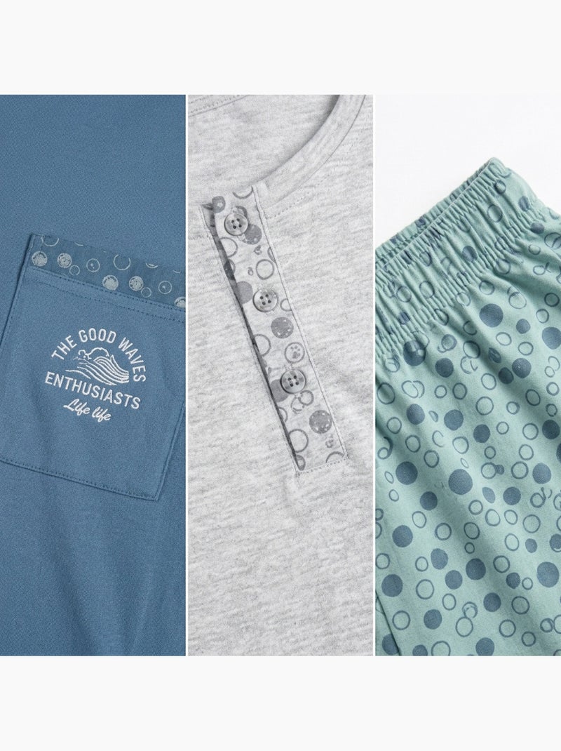 Pack 3 Pijamas Curtos Homem Algodão Maioritário, Gola Botão Cinza-verde - Kiabi