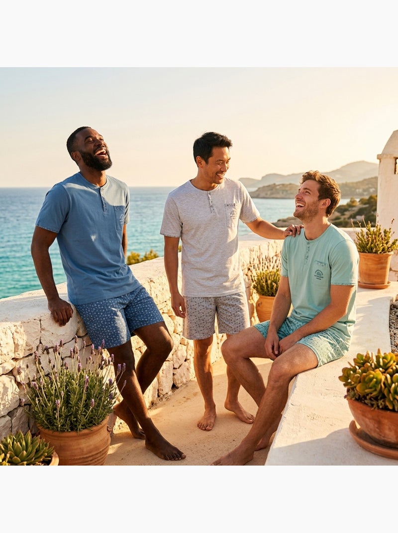 Pack 3 Pijamas Curtos Homem Algodão Maioritário, Gola Botão Cinza-verde - Kiabi