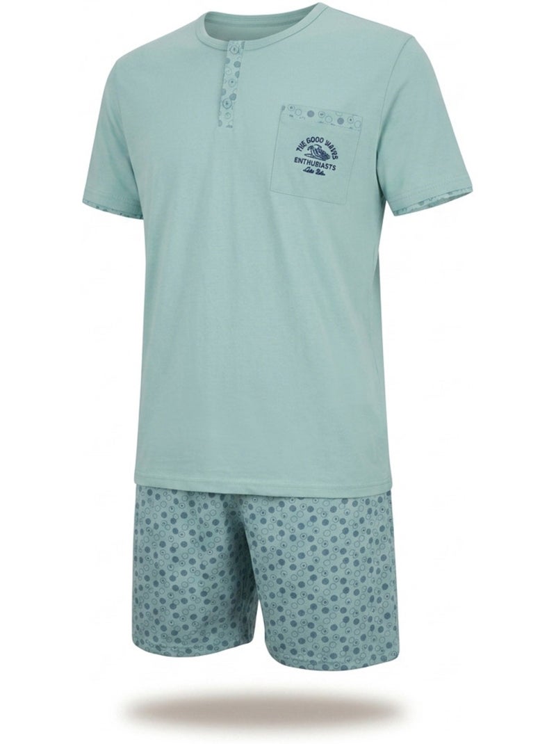 Pack 3 Pijamas Curtos Homem Algodão Maioritário, Gola Botão Cinza-verde - Kiabi
