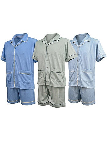 Pack 3 Pijamas Curtos Homem Algodão Maioritário, Gola Camisa Botão