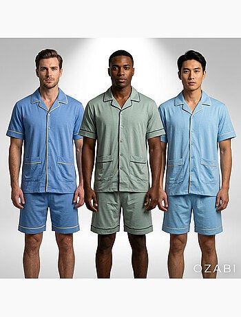 Pack 3 Pijamas Curtos Homem Algodão Maioritário, Gola Camisa Botão