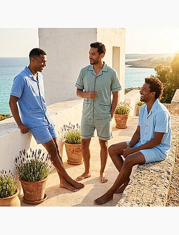 Pack 3 Pijamas Curtos Homem Algodão Maioritário, Gola Camisa Botão