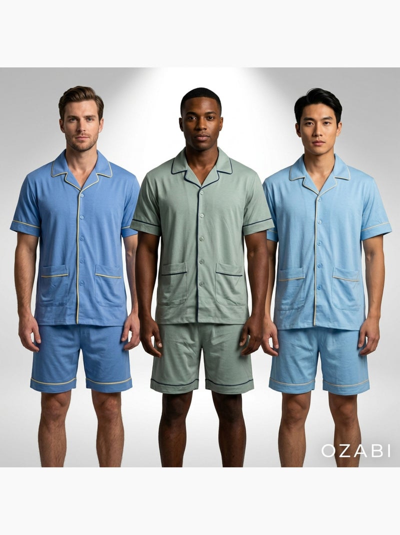 Pack 3 Pijamas Curtos Homem Algodão Maioritário, Gola Camisa Botão Azul-cinza - Kiabi
