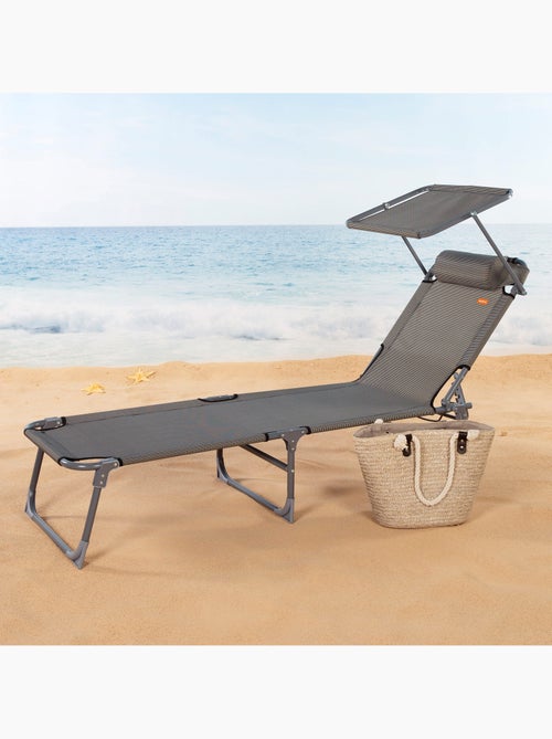 Pack de 2 espreguiçadeiras de praia dobráveis c/guarda-sol e almofada almofadada cinzenta aktive - Kiabi