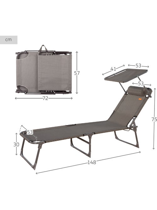Pack de 2 espreguiçadeiras de praia dobráveis c/guarda-sol e almofada almofadada cinzenta aktive - Kiabi