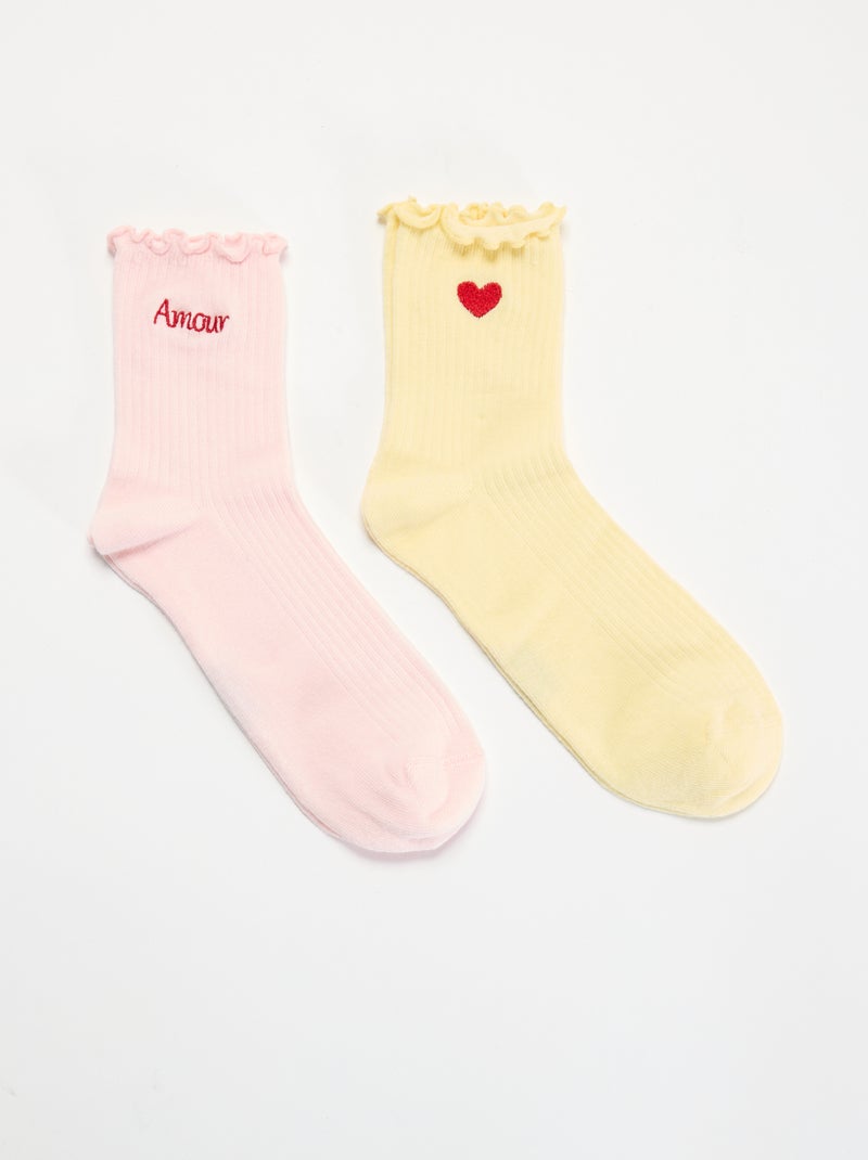 Pack de 2 meias bordadas com bordos franzidos Amarelo - Kiabi
