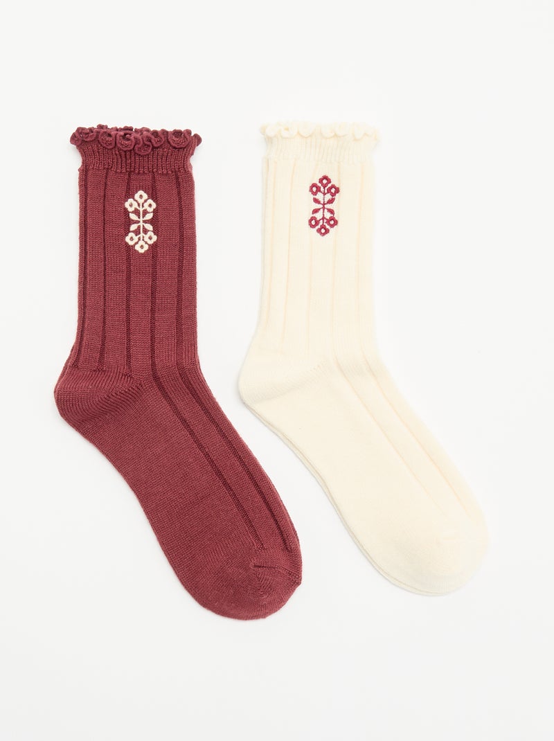 Pack de 2 pares de meias curtas bordadas Bege - Kiabi