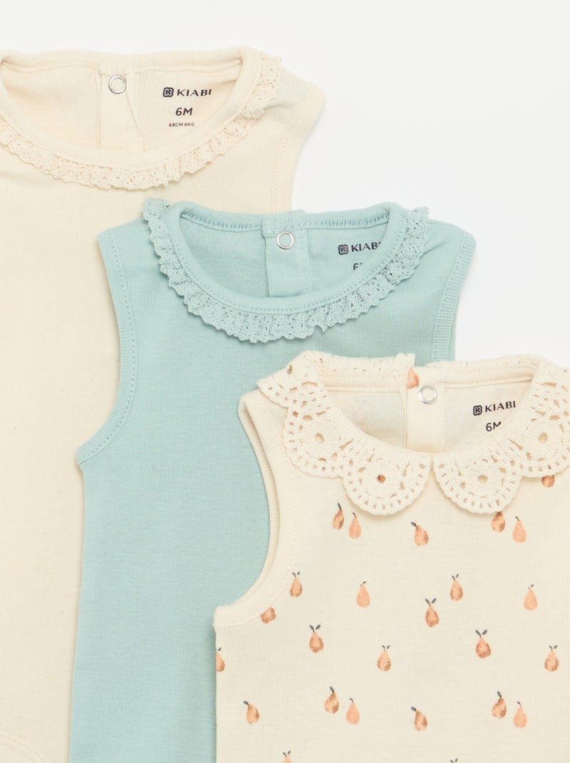 Pack de 3 bodies com decote redondo e bordados Bege - Kiabi