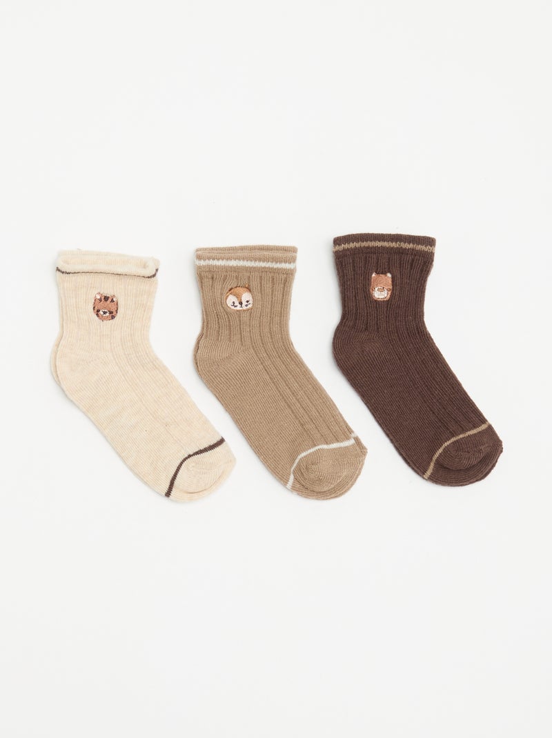 Pack de 3 pares de meias de cano médio com bordado fantasia Castanho - Kiabi