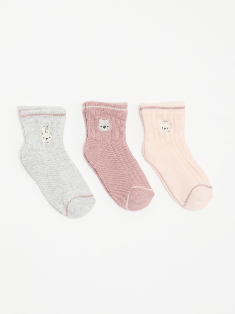 Pack de 3 pares de meias de cano médio com bordado fantasia Rosa - Kiabi