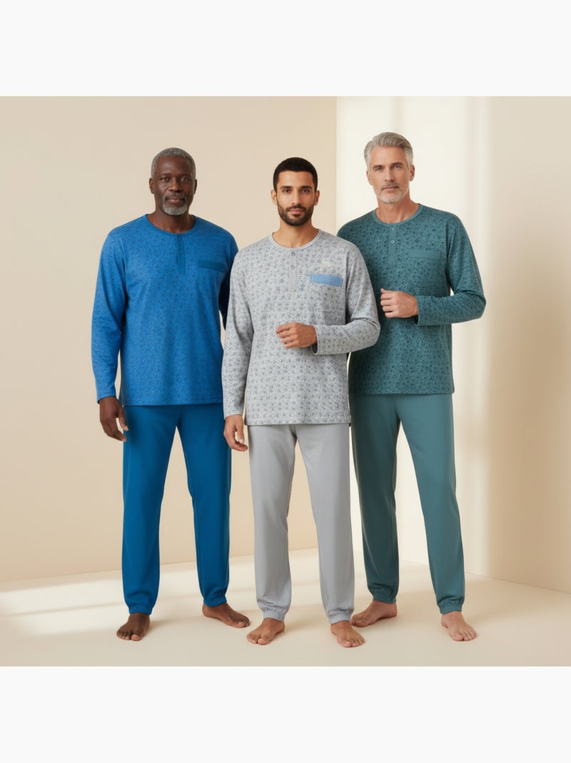Pack de 3 pijamas homem compridos ozabi gola abotoada estampado Azul Cinza Azul - Kiabi