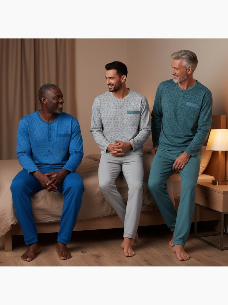 Pack de 3 pijamas homem compridos ozabi gola abotoada estampado Azul Cinza Azul - Kiabi