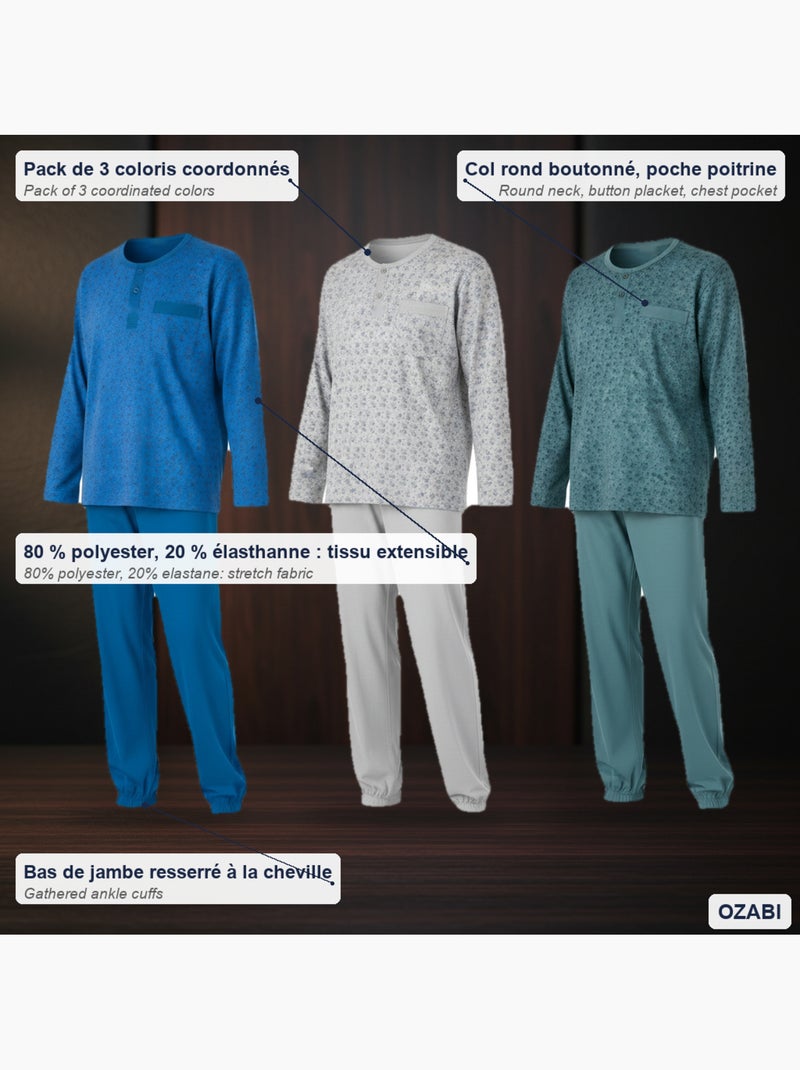 Pack de 3 pijamas homem compridos ozabi gola abotoada estampado Azul Cinza Azul - Kiabi
