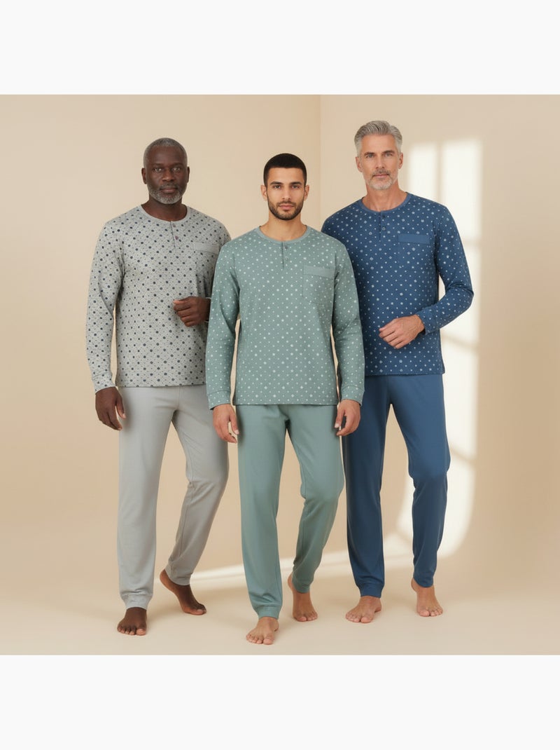 Pack de 3 pijamas homem compridos ozabi gola abotoada estampado Azul Verde Cinza - Kiabi