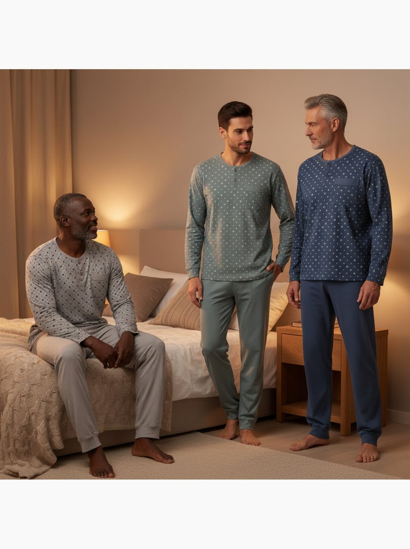 Pack de 3 pijamas homem compridos ozabi gola abotoada estampado Azul Verde Cinza - Kiabi