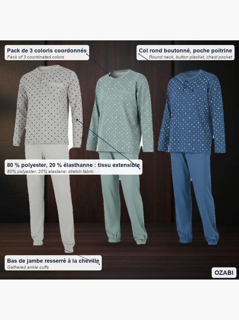 Pack de 3 pijamas homem compridos ozabi gola abotoada estampado Azul Verde Cinza - Kiabi