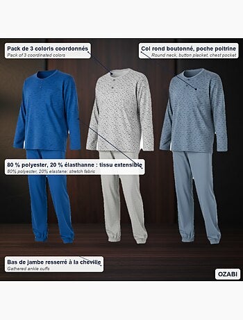 Pack de 3 pijamas homem compridos ozabi gola abotoada estampado