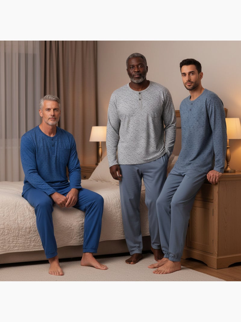 Pack de 3 pijamas homem compridos ozabi gola abotoada estampado Cinza azul-marinho - Kiabi