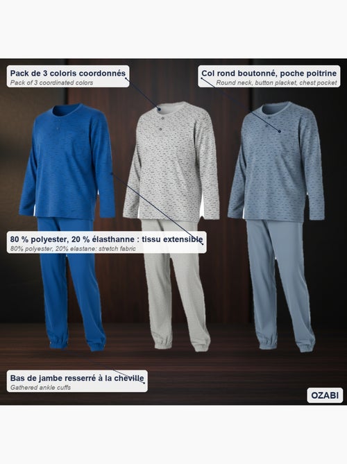 Pack de 3 pijamas homem compridos ozabi gola abotoada estampado - Kiabi